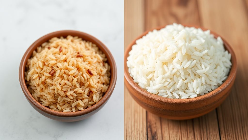 A split image showing a bowl of whole brown rice next to a bowl of refined white