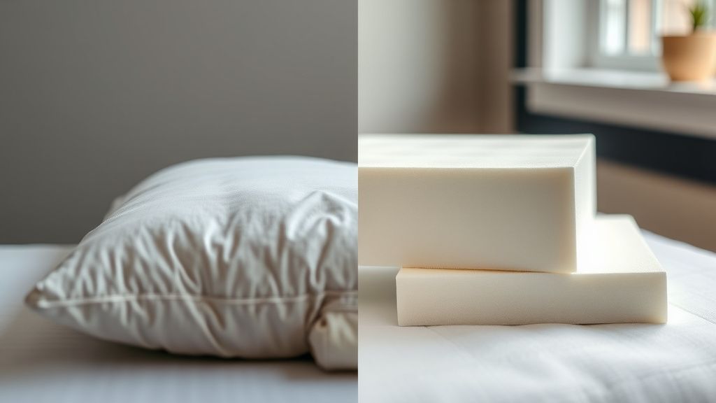 A split image showing a fluffy, flattened pillow next to a dense, structured blo