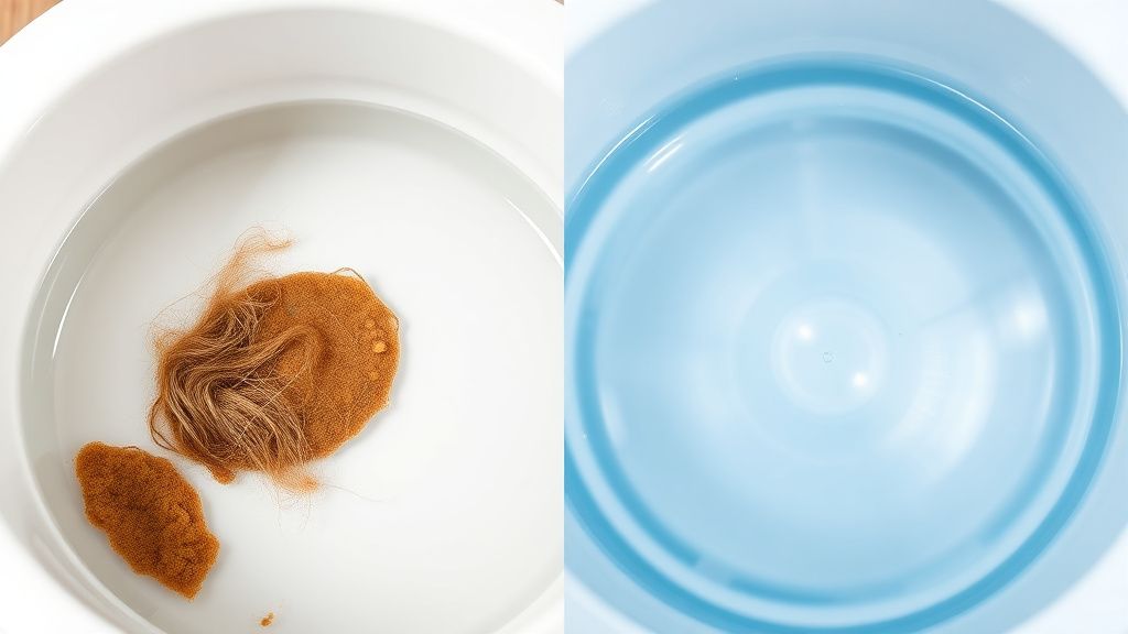 A split image showing a pet fountain water basin with visible floating debris (h