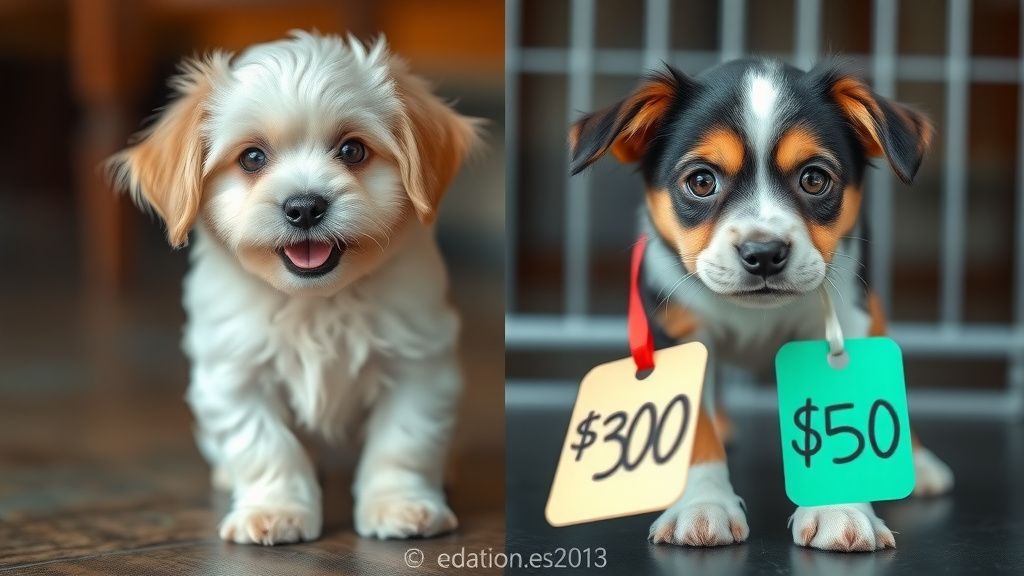 A split image showing a playful purebred puppy next to an adorable shelter dog,