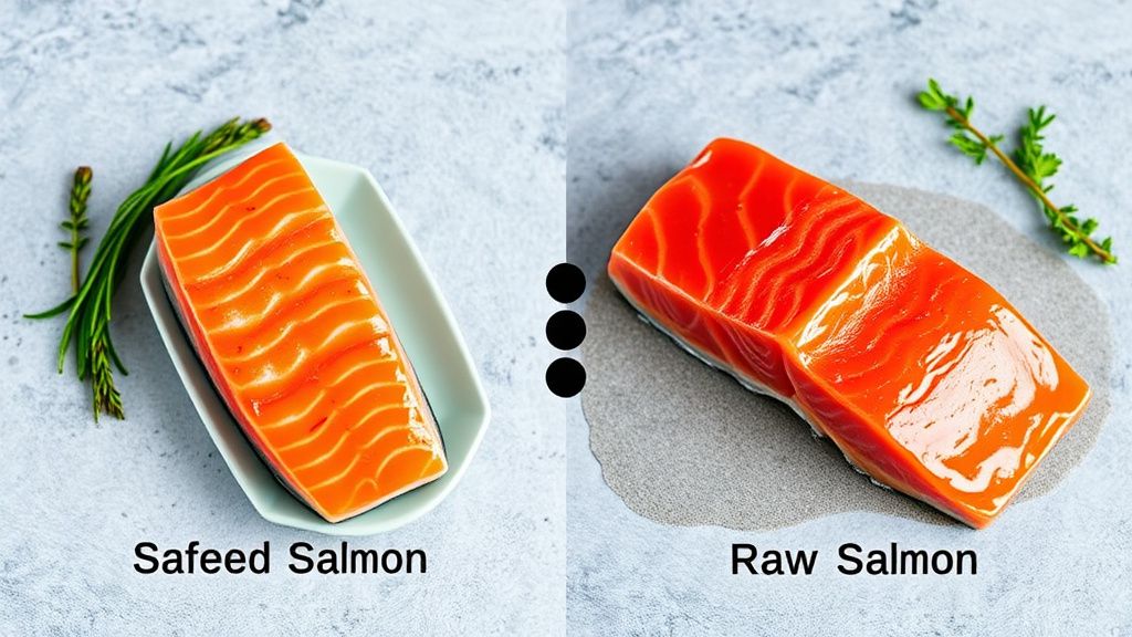 A split image showing a safe, cooked salmon fillet next to a raw salmon fillet w