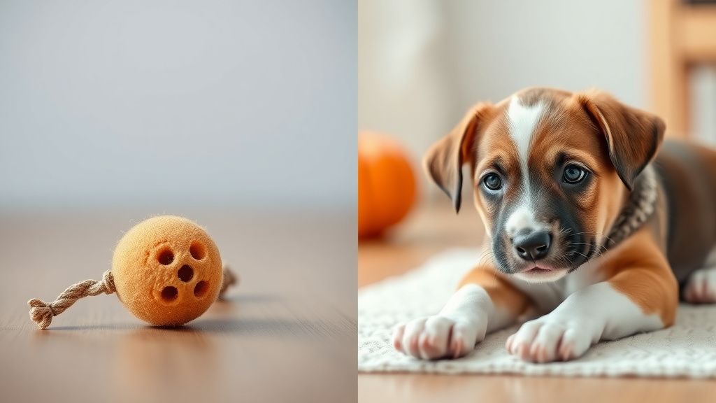 A split image showing a too-small chew toy next to a correctly sized one, with a