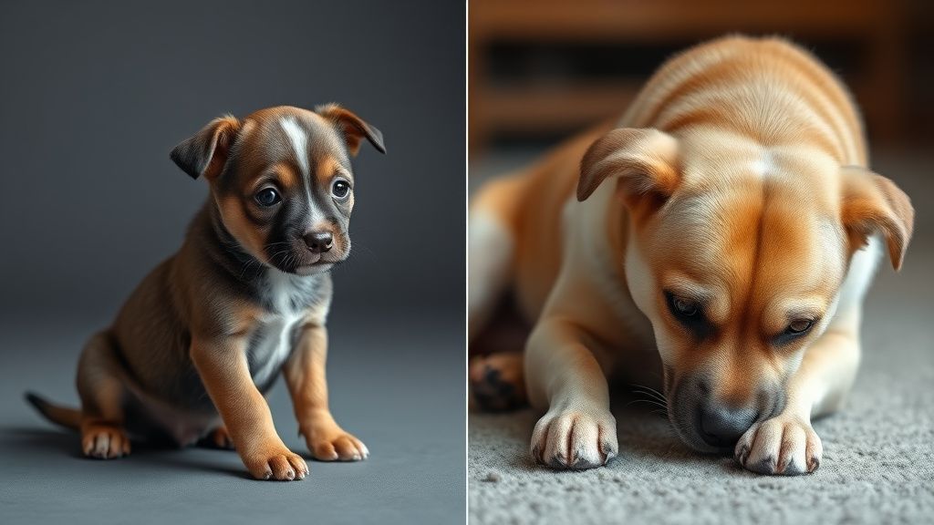 A split image showing a young puppy with a subtle limp next to an older dog stru