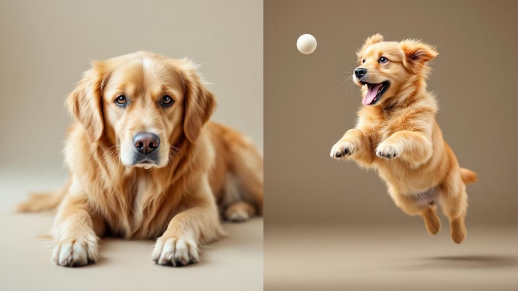 A split image showing two contrasting Golden Retrievers: one older, mellow dog l