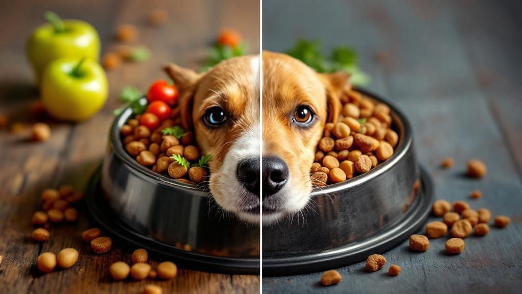 A split-screen image: on one side, a colorful, appealing homemade dog food bowl 