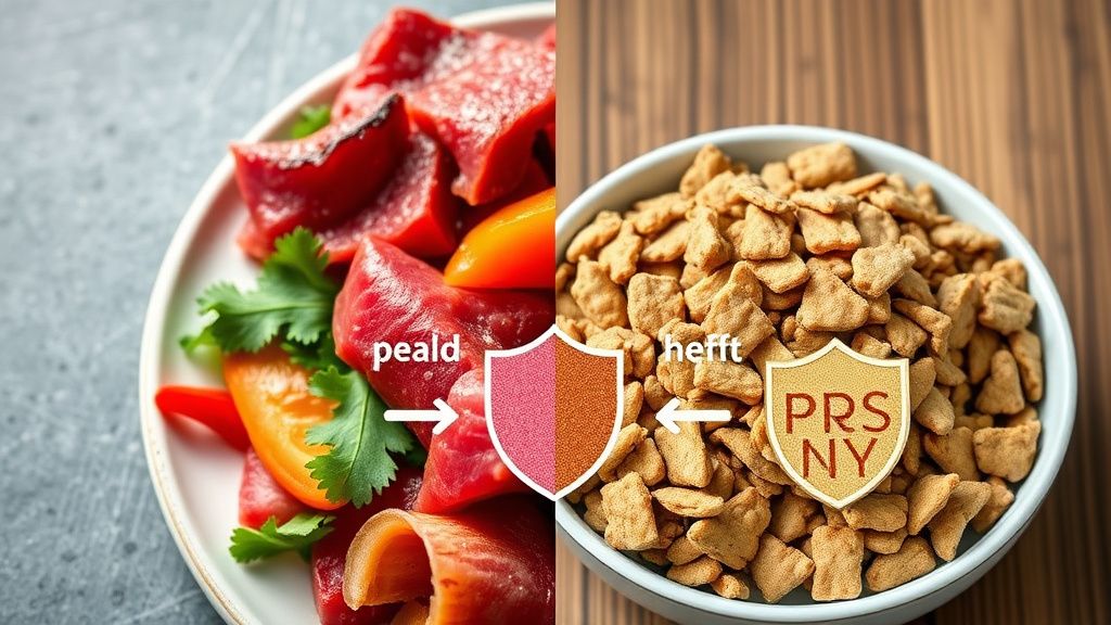 A split-screen image: on one side, a vibrant, colorful plate of raw meat and veg