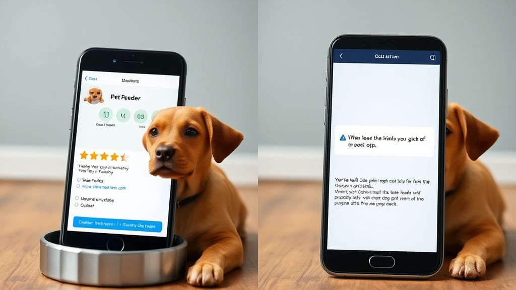 A split-screen image showing a well-rated, user-friendly pet feeder app on one s