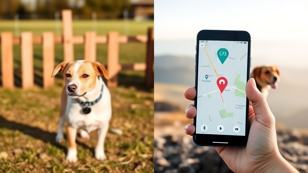 A split-screen photo: one side shows a dog in a fenced yard with a Bluetooth tra