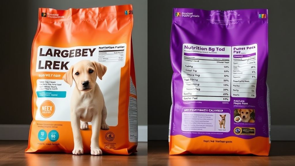 A split-screen photo showing a bag of large breed puppy food next to a bag of re