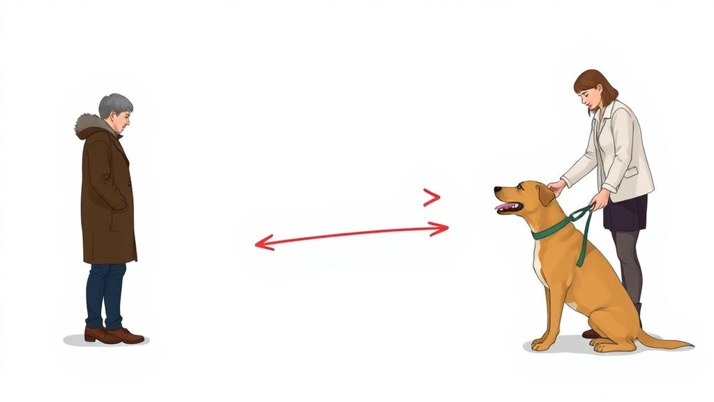 A step-by-step illustrated diagram showing a dog at a distance from a stranger, 