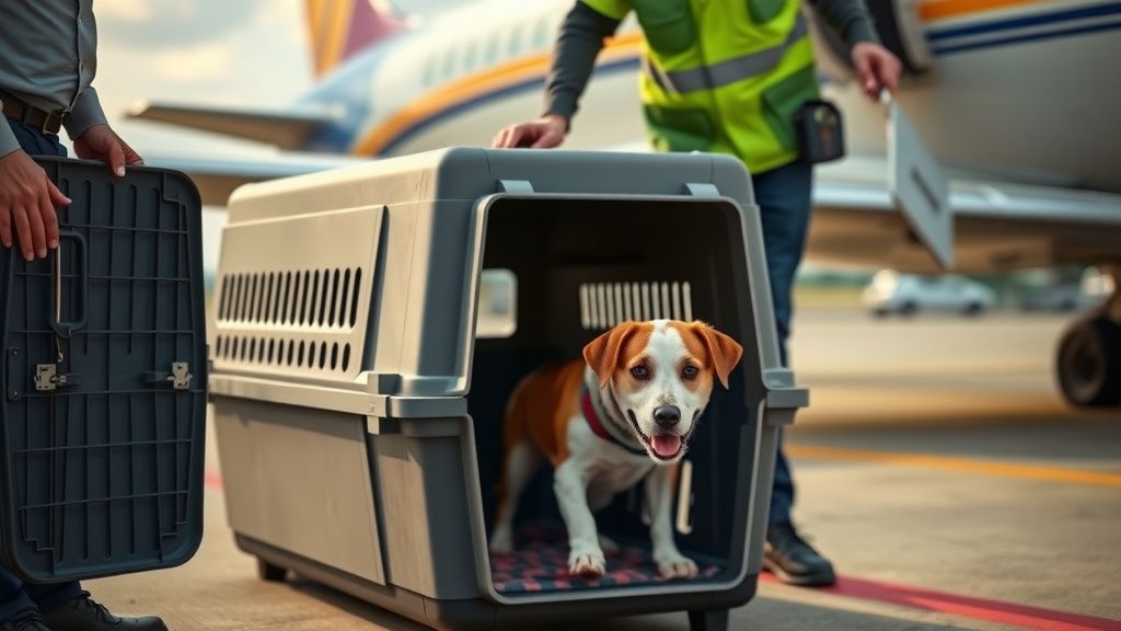 A sturdy, IATA-compliant hard-sided kennel with a dog inside, being handled by a