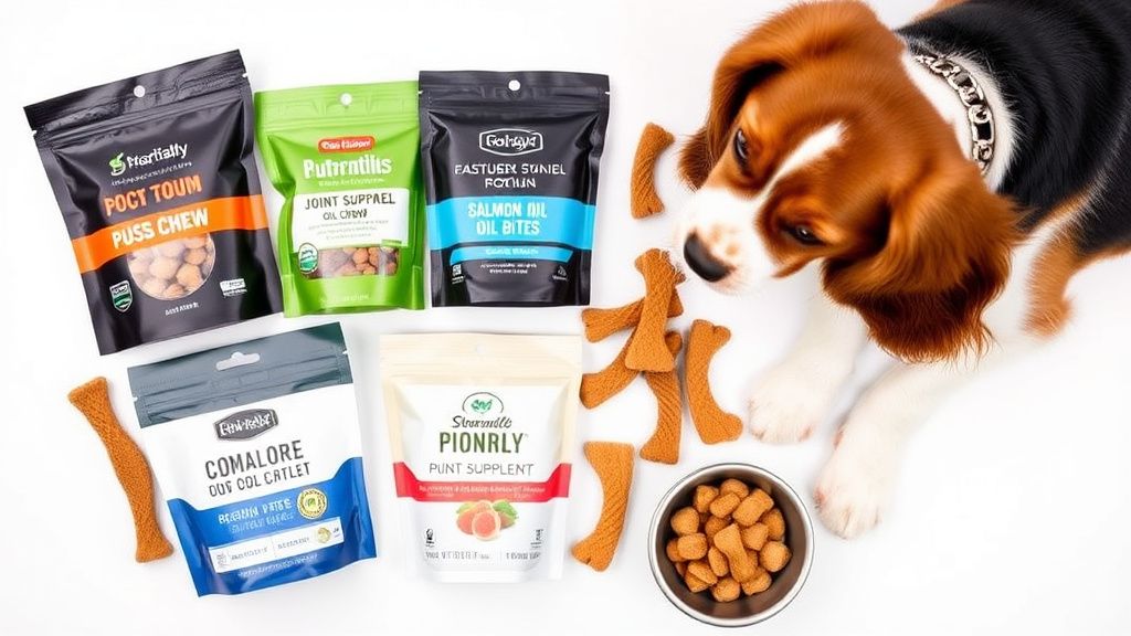 A styled flat-lay photo showing an assortment of functional dog chews (like join