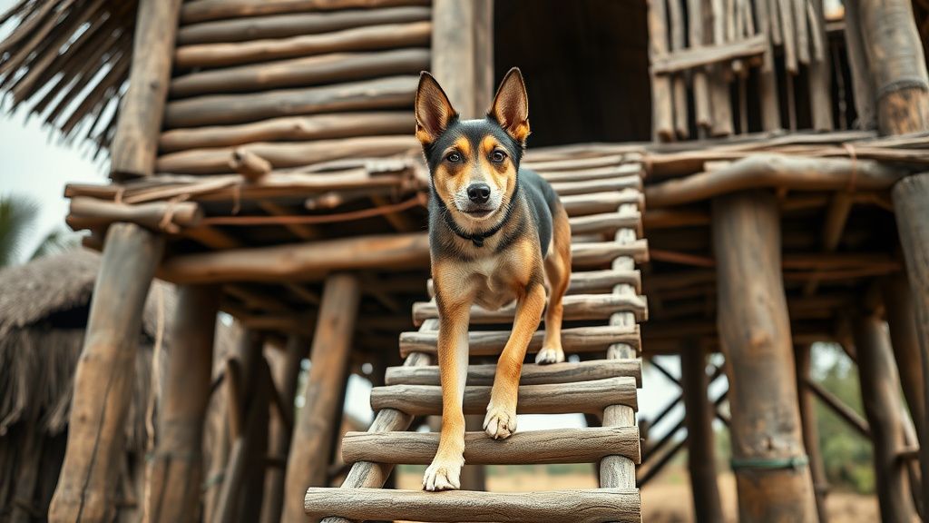 A Telomian dog confidently climbing a rustic wooden ladder leading up to a stilt