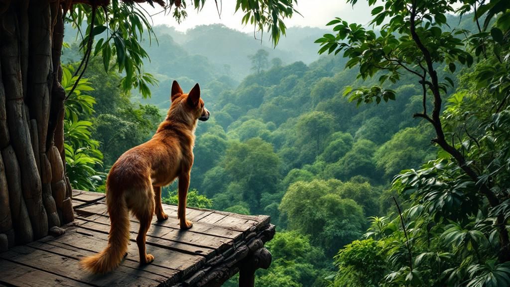 A Telomian dog standing on a wooden stilt house platform, looking out over a den