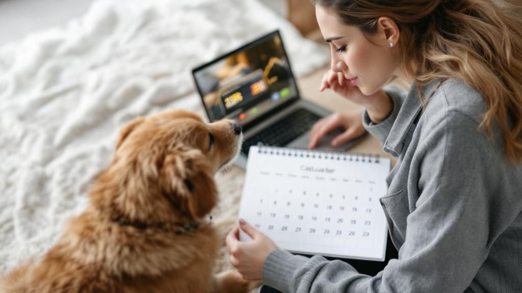 A thoughtful female dog owner sitting on the floor with her dog, looking at a ca