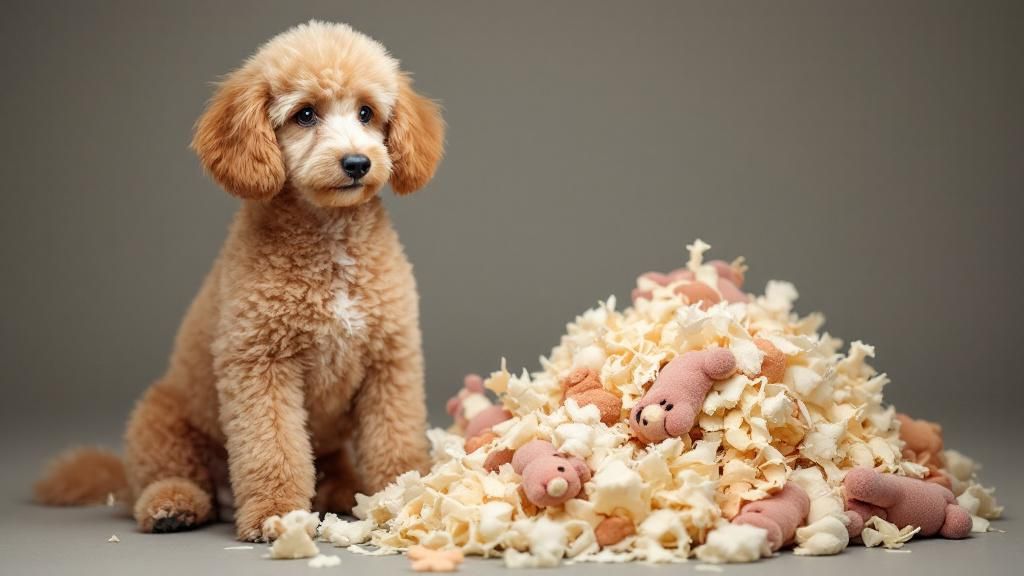 A thoughtful poodle sitting next to a pile of shredded plush toy stuffing, looki