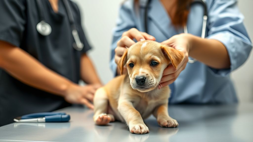 A veterinarian gently examining a small, curious puppy on an examination table, 
