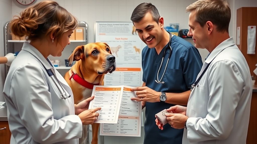 A veterinarian in a clinic discussing a chart or food ingredient list with a dog
