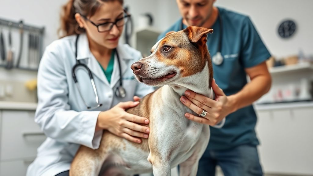 A veterinarian in a clinic gently examining a dog's skin, with a concerned pet o