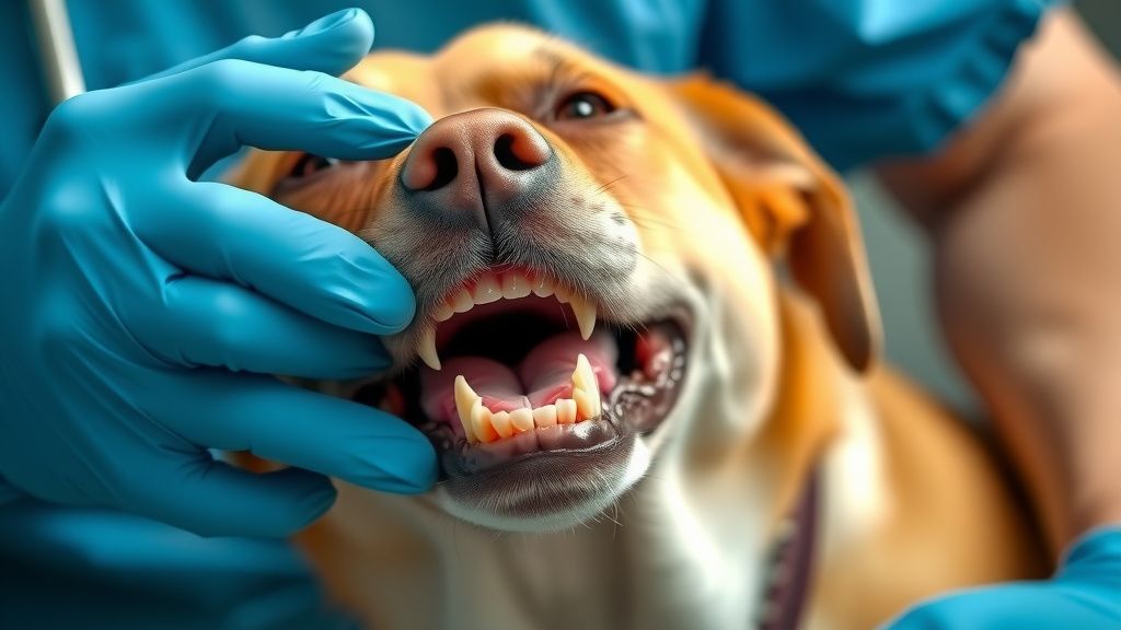 A veterinarian in gloves gently holding a senior dog's mouth open to show inflam