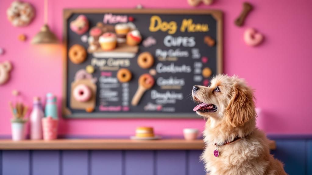 A vibrant display of dog desserts on a menu board, including pup cups, doggie do