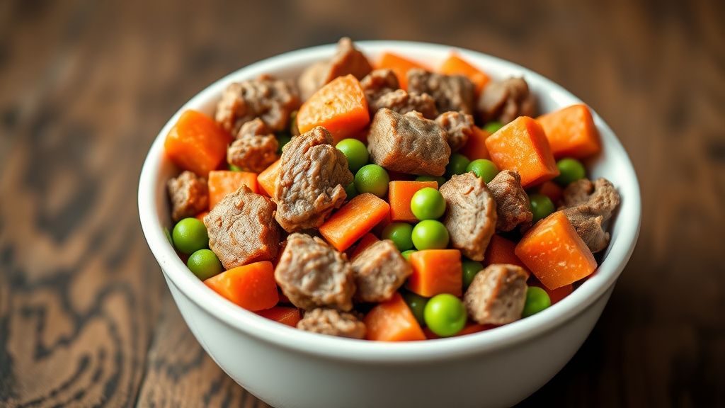 A vibrant, high-quality photo of a bowl of fresh dog food containing recognizabl