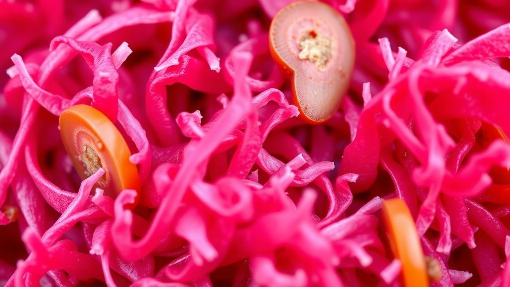 A vibrant, high-resolution macro shot of raw beet pulp, highlighting its fibrous
