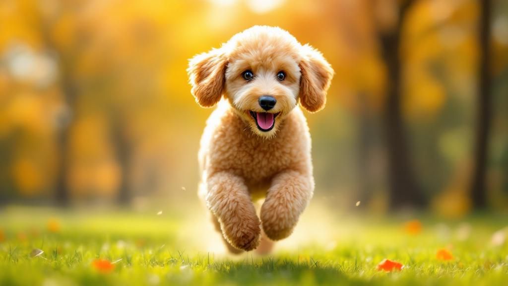 A vibrant photo of a happy, active Poodle with a shiny, curly coat running in a 