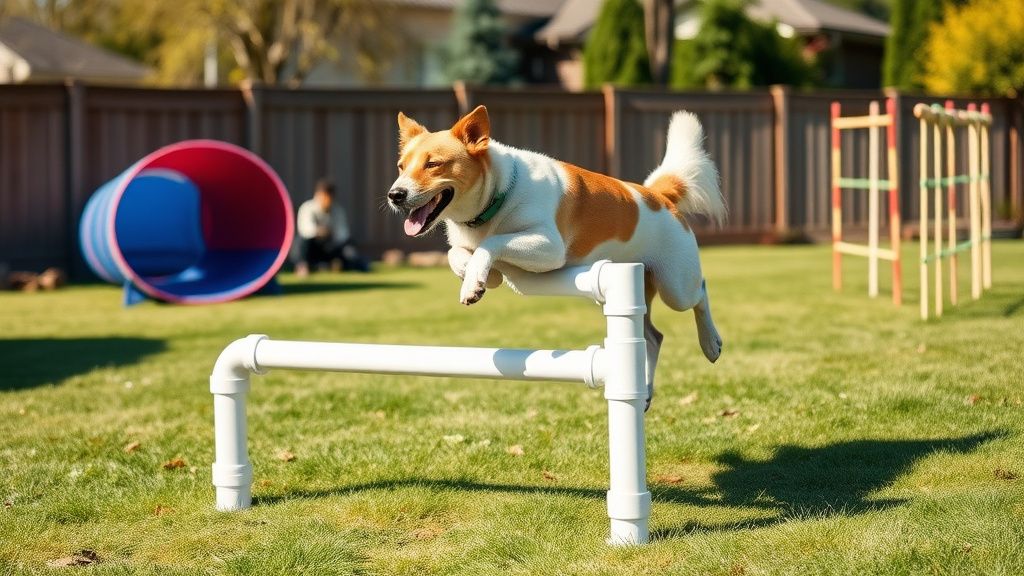 A vibrant photo showing a dog mid-jump over a homemade PVC pipe hurdle in a sunn