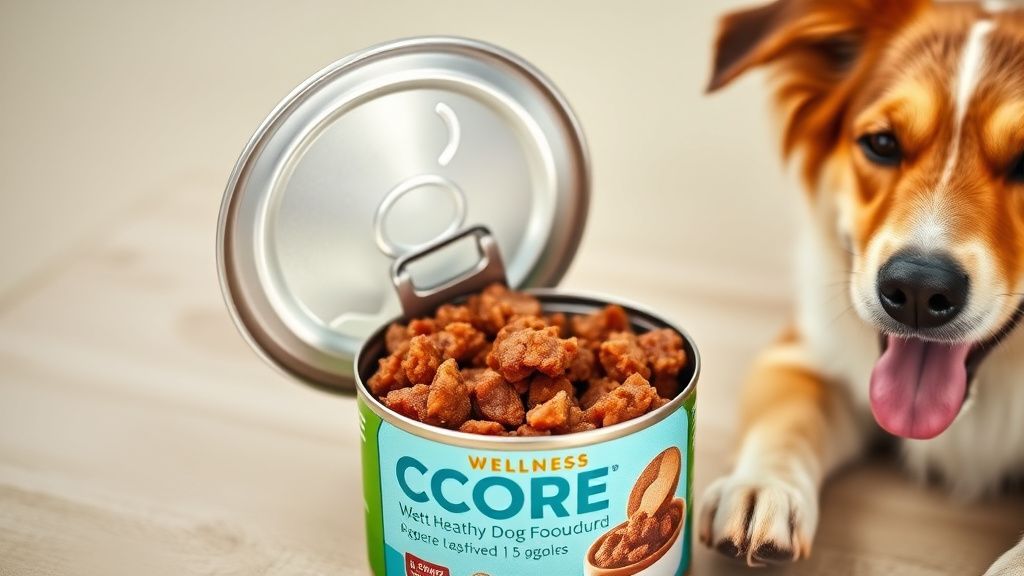 A vibrant, sharp photo of a Wellness CORE wet dog food can opened to show the te