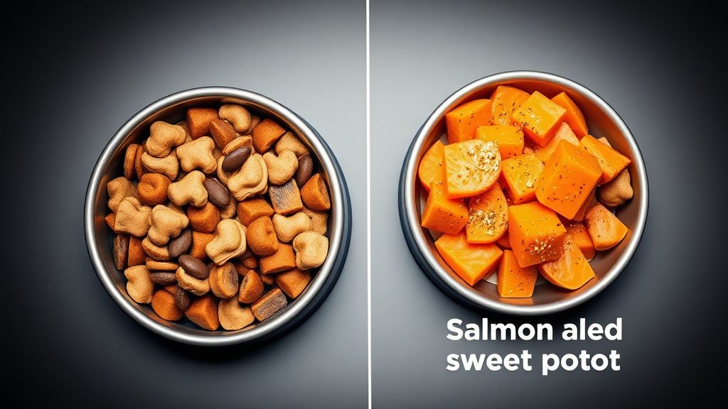 A visual comparison showing two dog food bowls: one with a complex mix of ingred