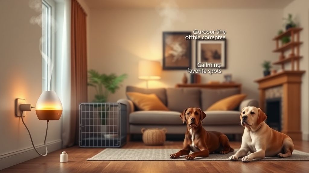 A visual diagram or infographic showing a plug-in diffuser in a living room, wit