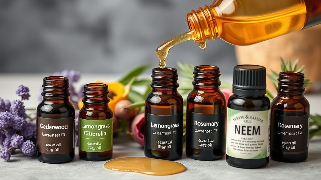 A visually appealing flat-lay arrangement of small dark glass bottles of essenti