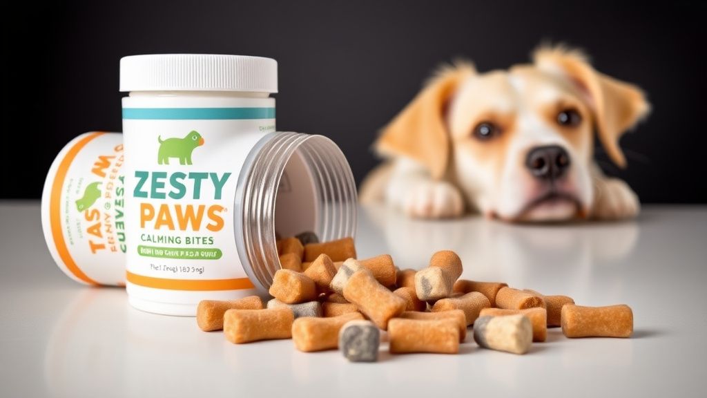 A visually appealing product shot of Zesty Paws Calming Bites chews spilling out