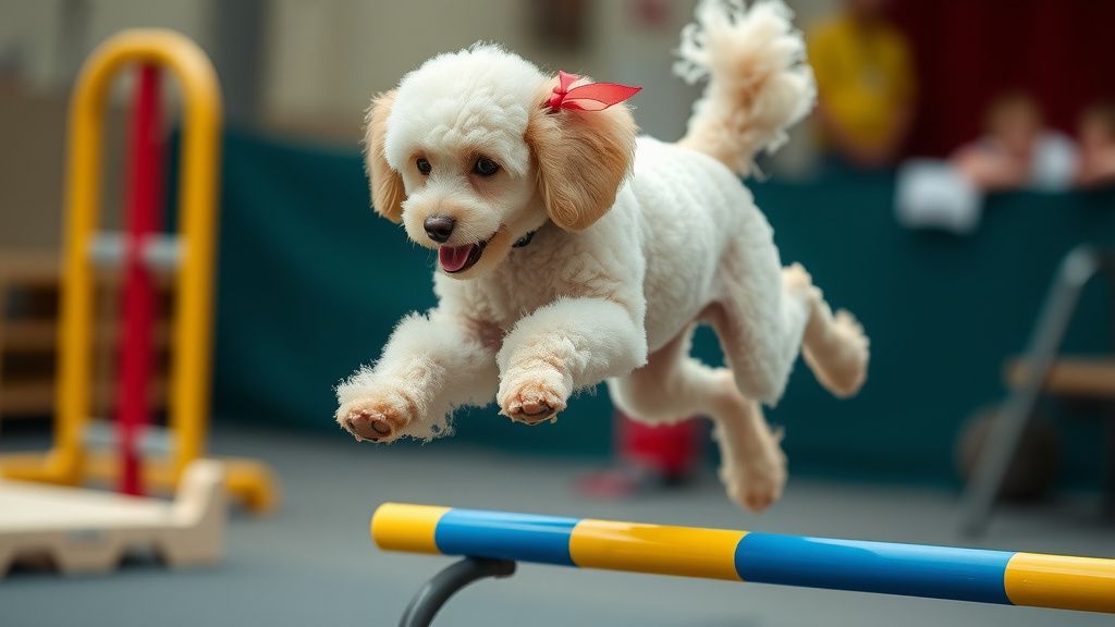 A well-groomed Poodle performing a precise trick, like jumping through a hoop or