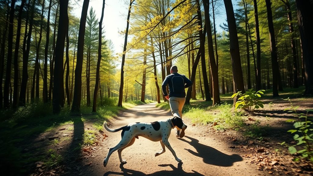 A wide-angle action shot of a person and a dog, like a German Shorthaired Pointe