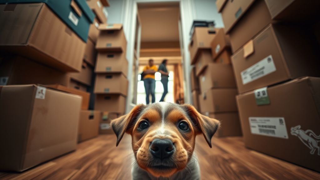 A wide-angle photo from a puppy's low perspective, showing moving boxes stacked 