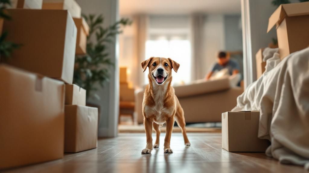 A wide-angle photo of a chaotic moving day scene with stacked boxes, furniture w