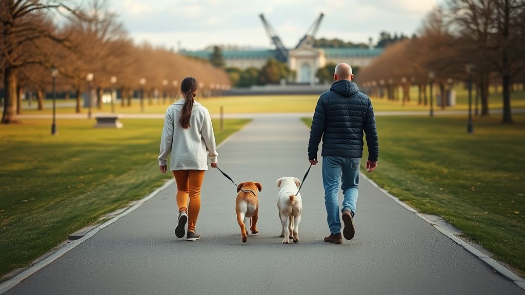 A wide-angle photo taken from behind, showing two people walking their dogs on p