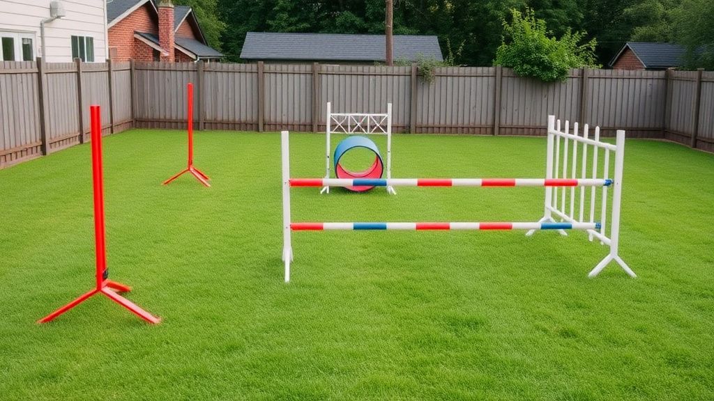 A wide shot of a tidy, grassy backyard with basic agility equipment (a jump, a t