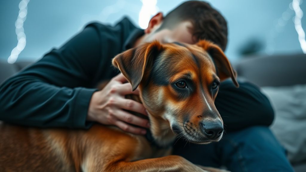 A worried dog owner comforting their anxious dog during a thunderstorm, with the