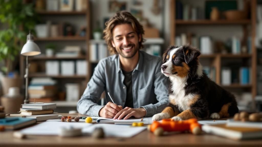 A writer at a desk with a laptop, surrounded by dog training books and toys, wit