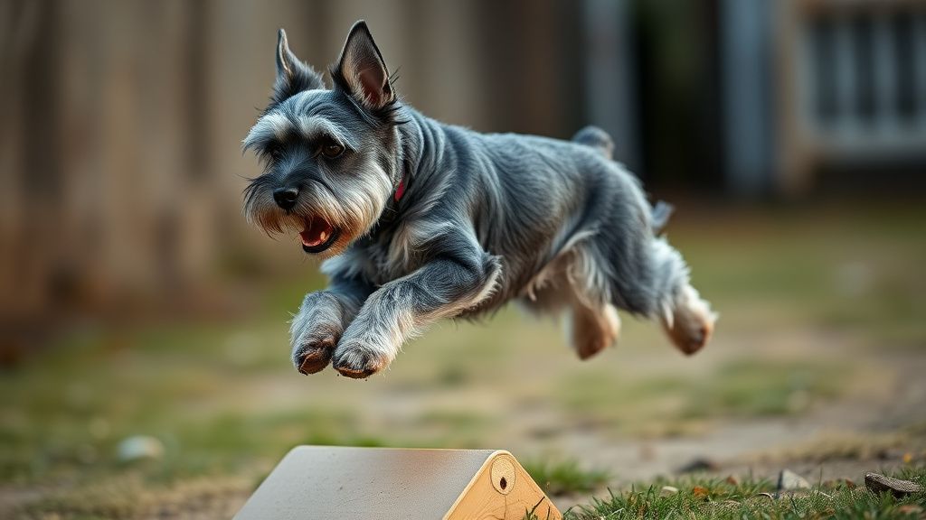 An action photo of a healthy, lean Miniature Schnauzer happily jumping over a sm