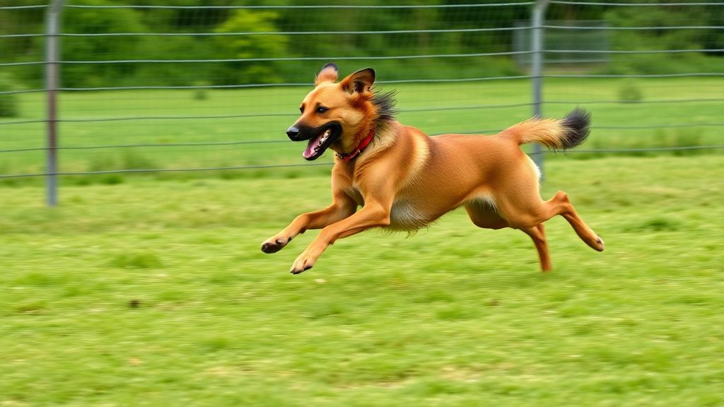 An action shot of an Azawakh running at full speed in a secure, fenced field, it