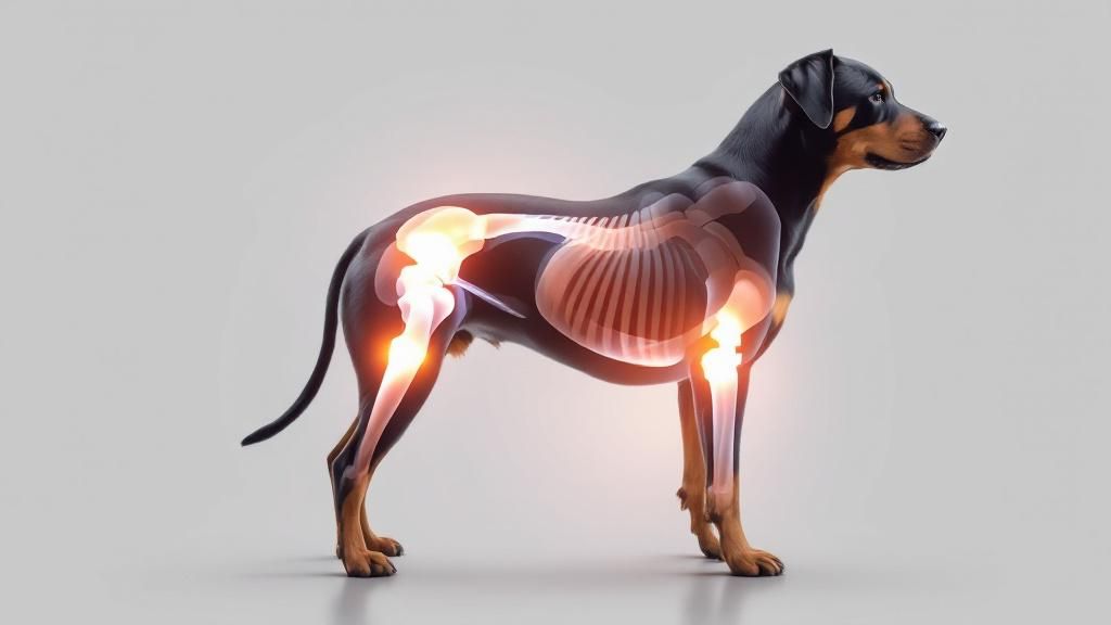 An artistic, diagrammatic photo of a Rottweiler's hip and leg joints, overlaid w