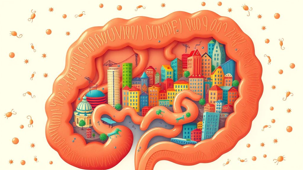 An artistic, vibrant illustration of a dog's intestinal tract depicted as a bust