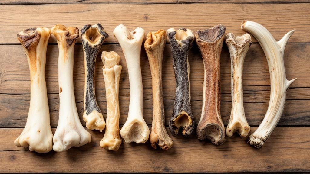 An assortment of natural dog chews like uncooked hooves, ears, and antlers arran