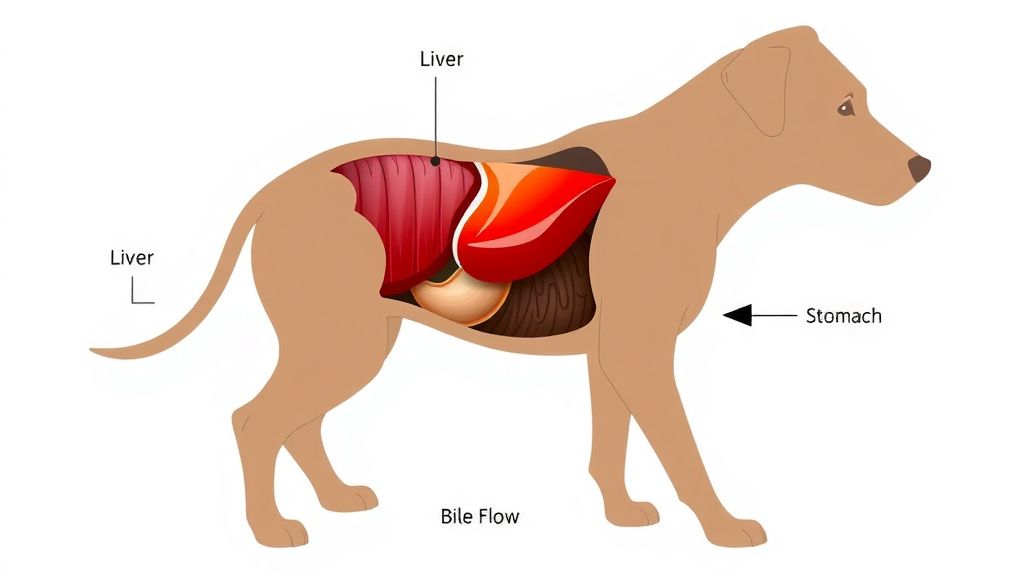 An illustrative diagram showing a dog's internal anatomy, with the liver, gallbl