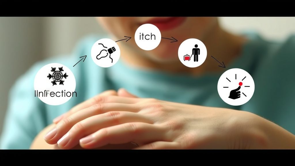 An illustrative diagram showing the cycle of itch, scratch, infection, and more 