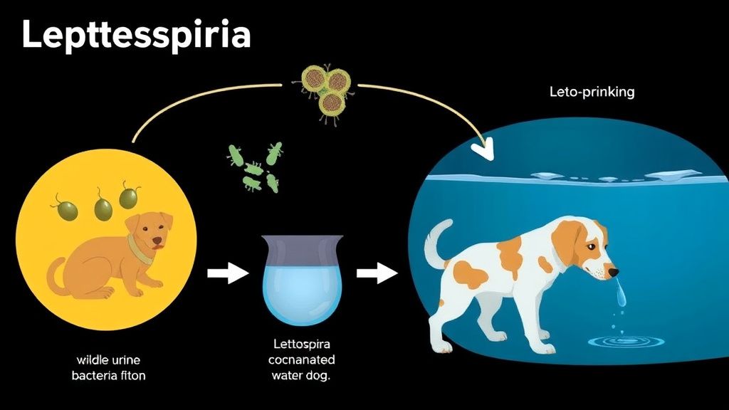 An illustrative diagram showing the lifecycle of Leptospira bacteria, from wildl